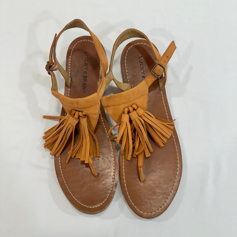 Lucky Brand Anneke Tassel Fringe Sandals‎ Womens 8.5 Tan Leather | Boho Festival